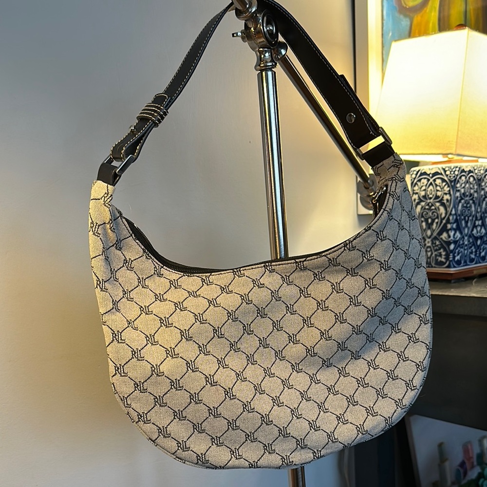 Black and Grey Ralph Lauren Crescent Shoulder Bag with Leather Strap